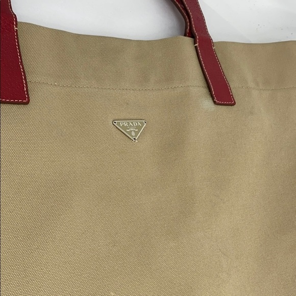Prada Large Beige Canvas Red Leather Shoulder Tote - Picture 3 of 15